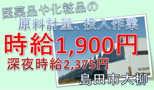 島田市のアルバイト バイト情報 日付 22 11 01 火 23 01 31 火 勤務時間 00 00 09 00 時給1 700円 深夜 時給2 125円 製薬会社でのお仕事 フルキャスト